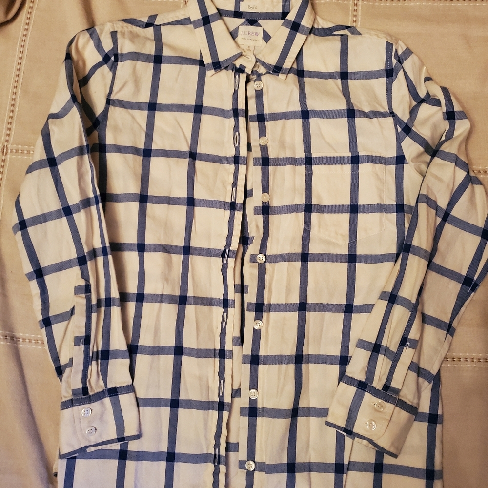 J Crew Boy Fit Flannel Shirt Women's M Petite Blue White Long Sleeve Casual
